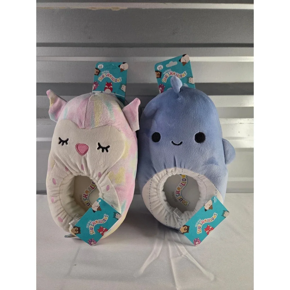 NWT Bundle Squishmallows Kids Slippers Size 4-5 Plush Rainbow & Whale
